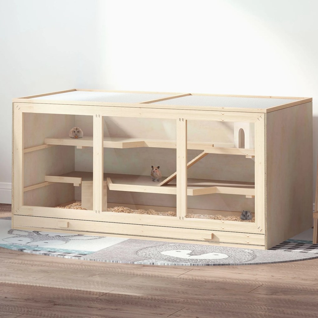 Gaiola para hamsters e gerbil, 2 níveis, teto abrível, janelas, casinha e 2 escadas, 115 x 57 x 55 cm, efeito de madeira natural