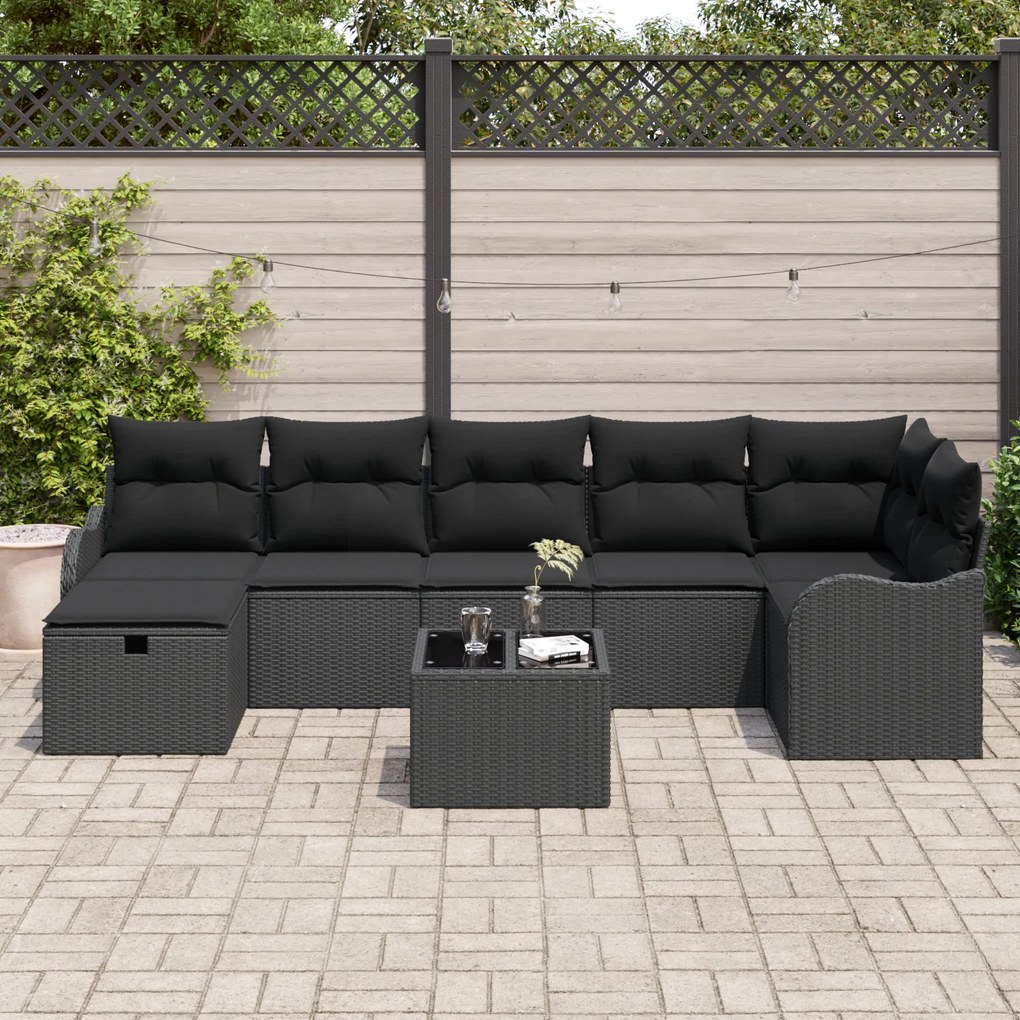 Conjunto de Sofá de Jardim de 8 Peças com Almofadas Preto Rattan PE, C