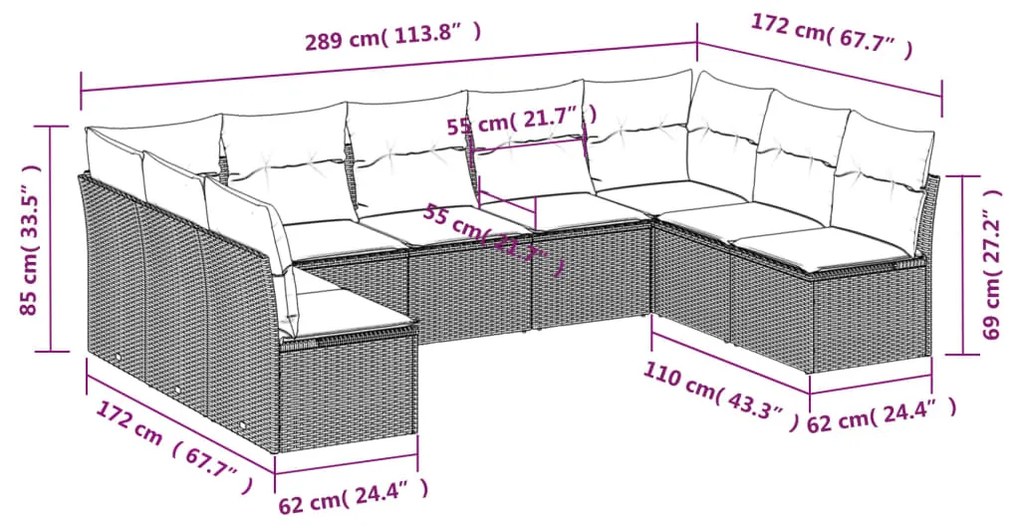9 pcs conjunto sofás p/ jardim c/ almofadões vime PE castanho