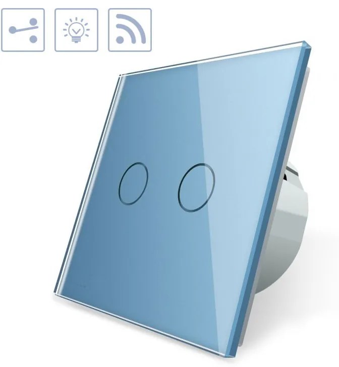 Interruptor Comutador tátil 2 botões + função controlo remoto, Painel frente azul vidro temperado