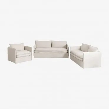 Conjunto De Sala Com Sofá De 2 Lugares, Sofá De 3 Lugares E Poltrona Em Linho E Algodão Grace Tecido Beige - Sklum