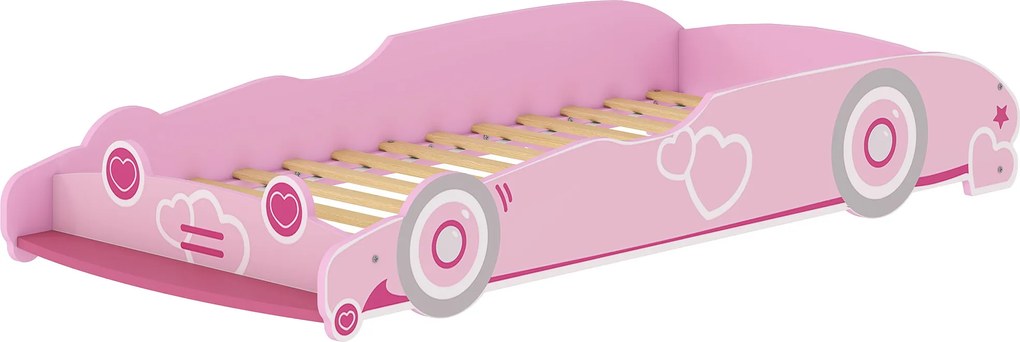 Cama Infantil 70x140 cm em Forma de Carro (COLCHÃO NÃO INCLUIDO) com Barreira de Proteção e Estrado para Crianças de 3-5 Anos Rosa