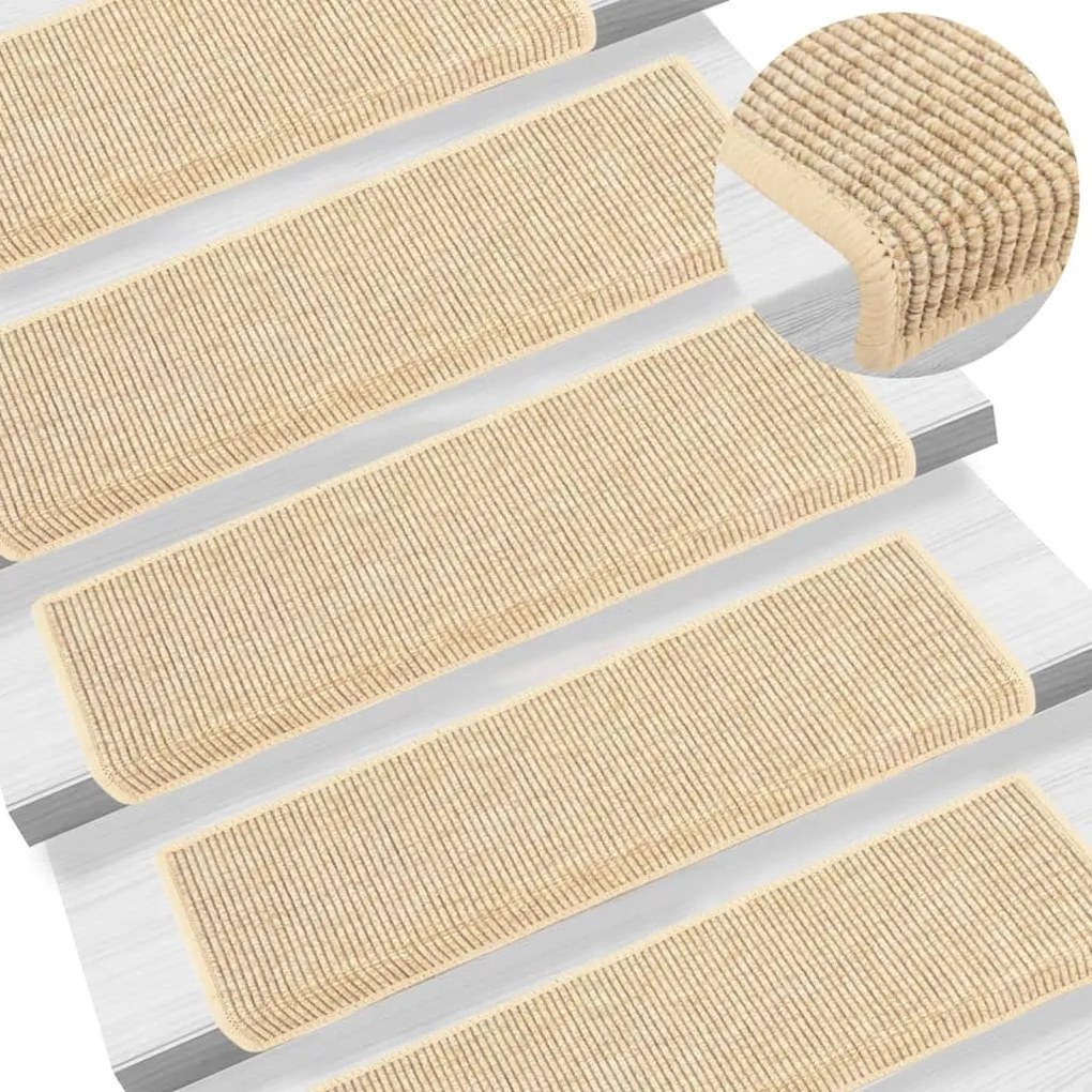 vidaXL Tapetes escada adesivos aspeto sisal 15pcs 65x21x4cm bege-claro