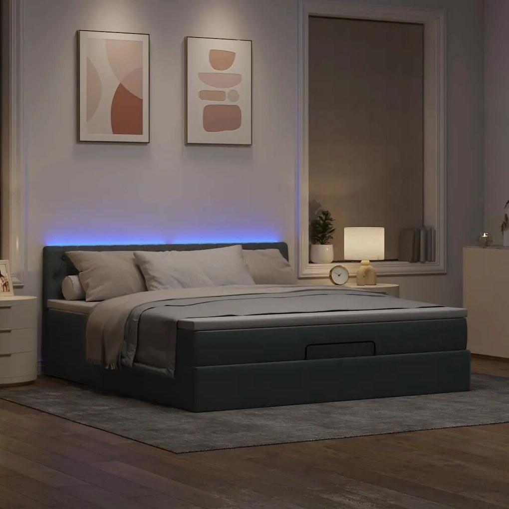 Cama Otomana com colchão &amp; LEDs 180x200cm tecido cinzento claro