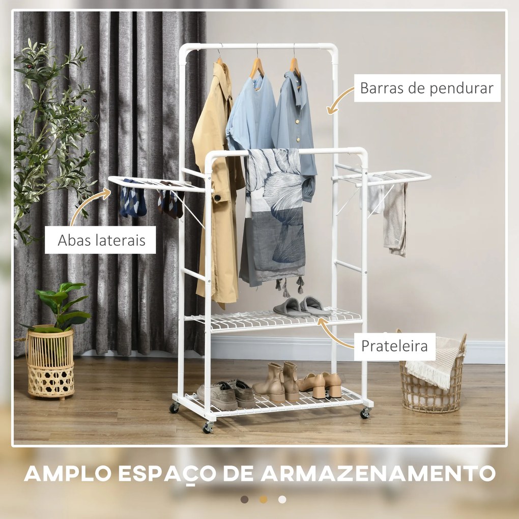 Guarda Roupa com Rodas com 2 Laterais Dobáveis 2 Trilhos e 2 Prateleiras de Armazenamento 153x43,7x171 cm Branco