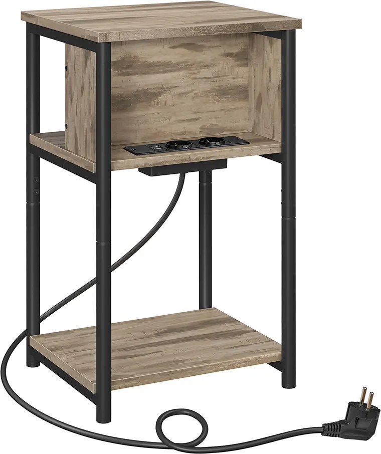 Mesa apoio, mesa de cabeçeira com 2 tomadas eléctricas e 2 portas USB castanho avelã e preto