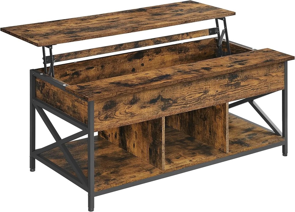 Mesa de Centro VASAGLE, Mesa de Sala de Estar com Altura Ajustável, Mesa de Centro, Espaço de Armazenamento Aberto e Oculto, Suportes em X, 60 x 120 x (48-62) cm, Marrom Vintage/Preto LCT215K01