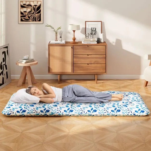 Colchão enrolável para o chão com capa lavável e com bolsa de transporte 200 x 90 x 10 cm - azul
