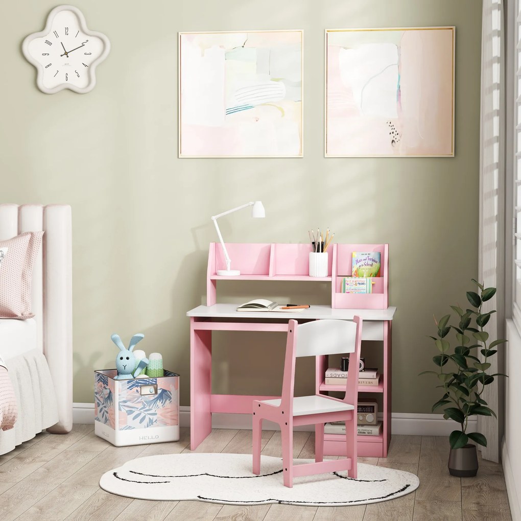 Secretária infantil com cadeira ergonómica, tabuleiro deslizante para teclado, gavetas, compartimentos abertos e prateleiras abertas, 90 x 45 x 90 cm,