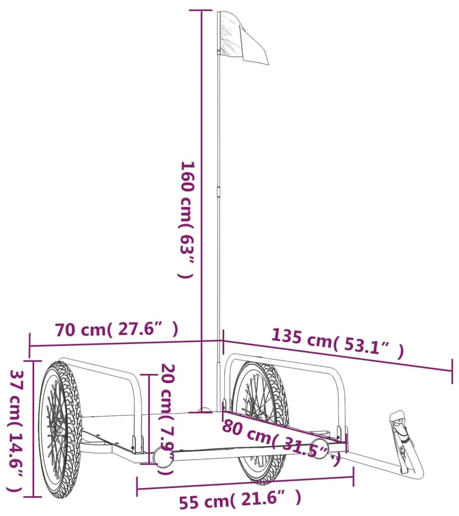 Reboque para bicicleta 135x70x37 cm ferro preto