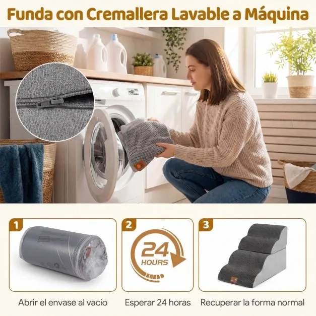 Escada Espuma animais estimação 4 Degraus 73 x 40,5 x 50 cm Rampa Transformável Alta Densidade Base Antiderrapante Capa Lavável Cinza