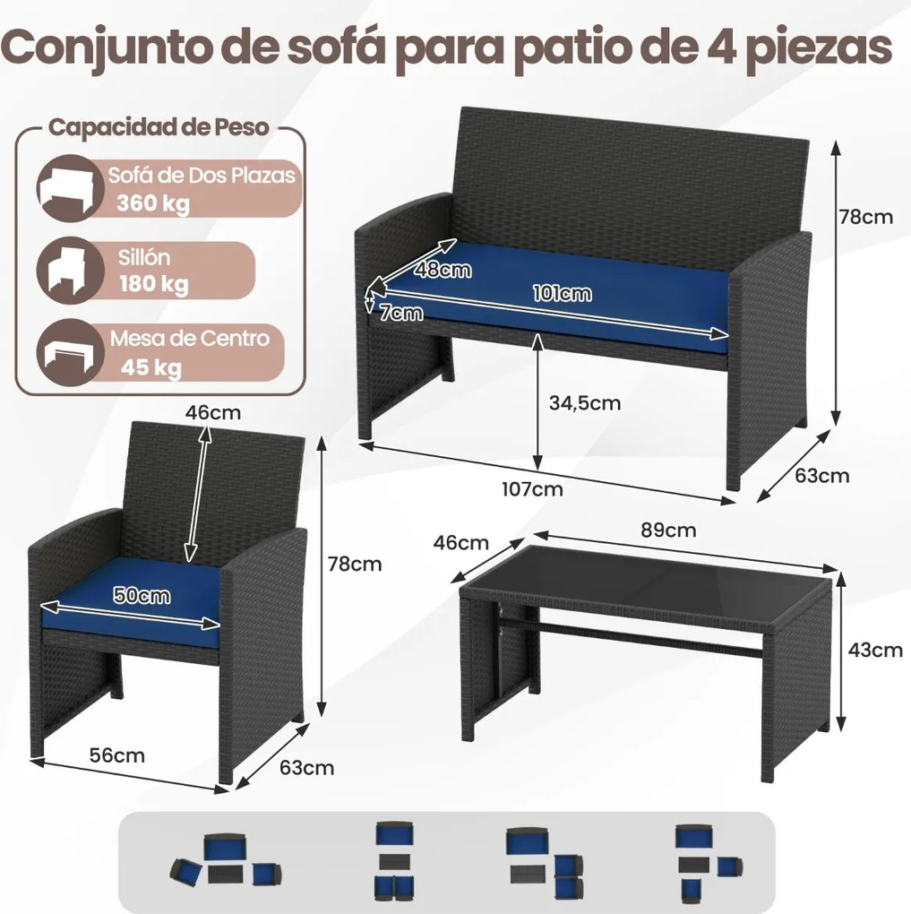 Conjunto de jardim em rattan com 4 peças: sofás de 2 lugares, mesa de vidro temperado e almofadas para exterior, varanda ou piscina, Preto+Azul escuro