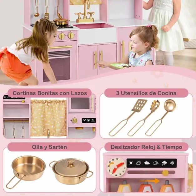 Conjunto de cozinha para crianças com cafeteira, dispensador de água, fogão, pia e torneira para crianças acima de 3 anos, 90 x 30 x 90 cm, rosa claro