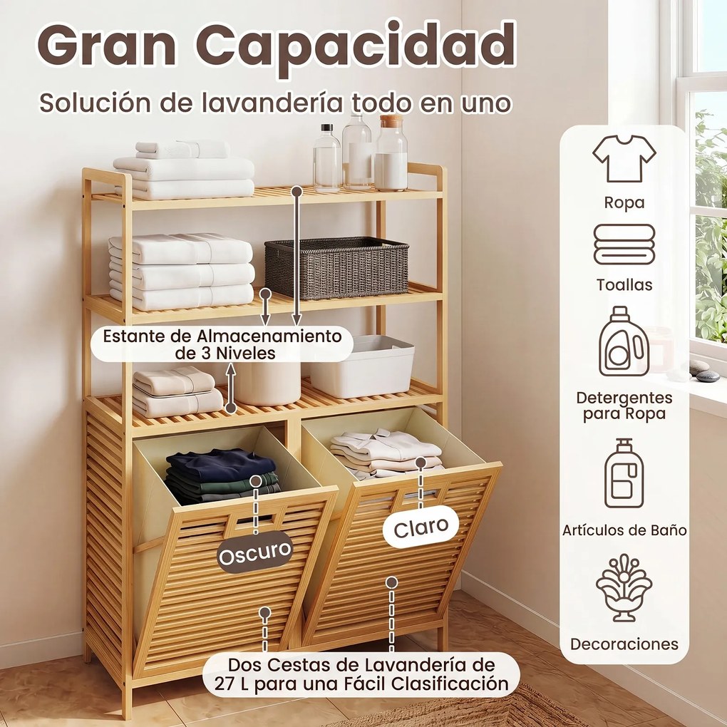 Móvel para Roupa Suja, 80 x 30 x 110 cm, 2 Cestas Removíveis, Natural