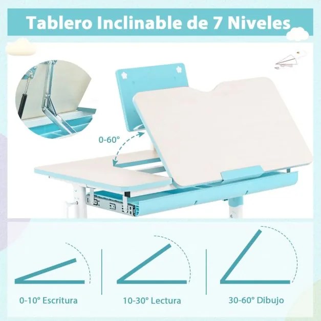 Conjunto de secretária e cadeira para crianças Mesa de estudo ajustável em altura com cadeira ergonómica Azul