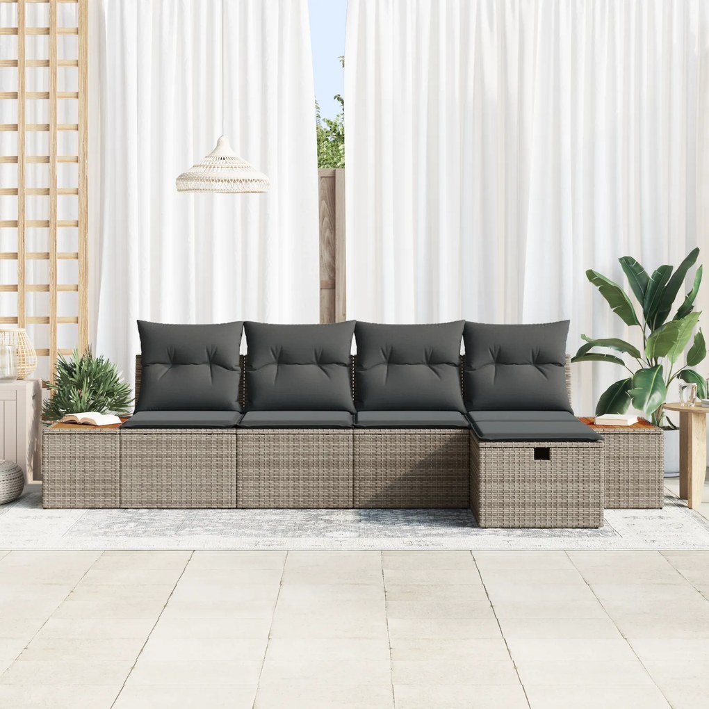 Conjunto de Sofá de Jardim 5 Peças com Almofadas Cinza Polirattan, Sof