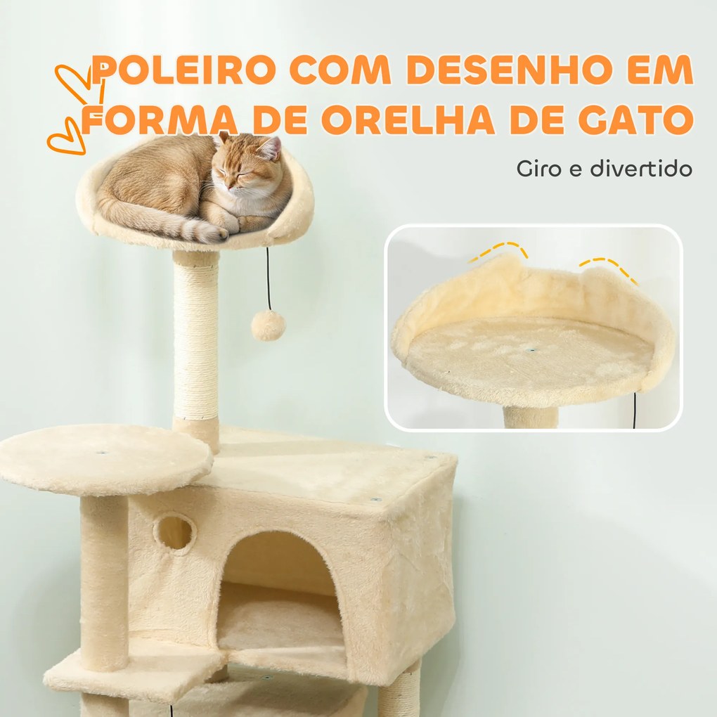 Arranhador para Gatos com Múltiplas Plataformas Cama 2 Cavernas Rede Escada Postes de Sisal 48x48x140 cm Bege