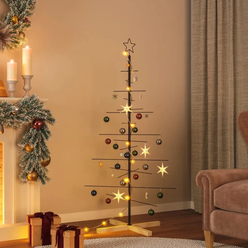 vidaXL Árvore de Natal de metal com base em madeira 150 cm preto