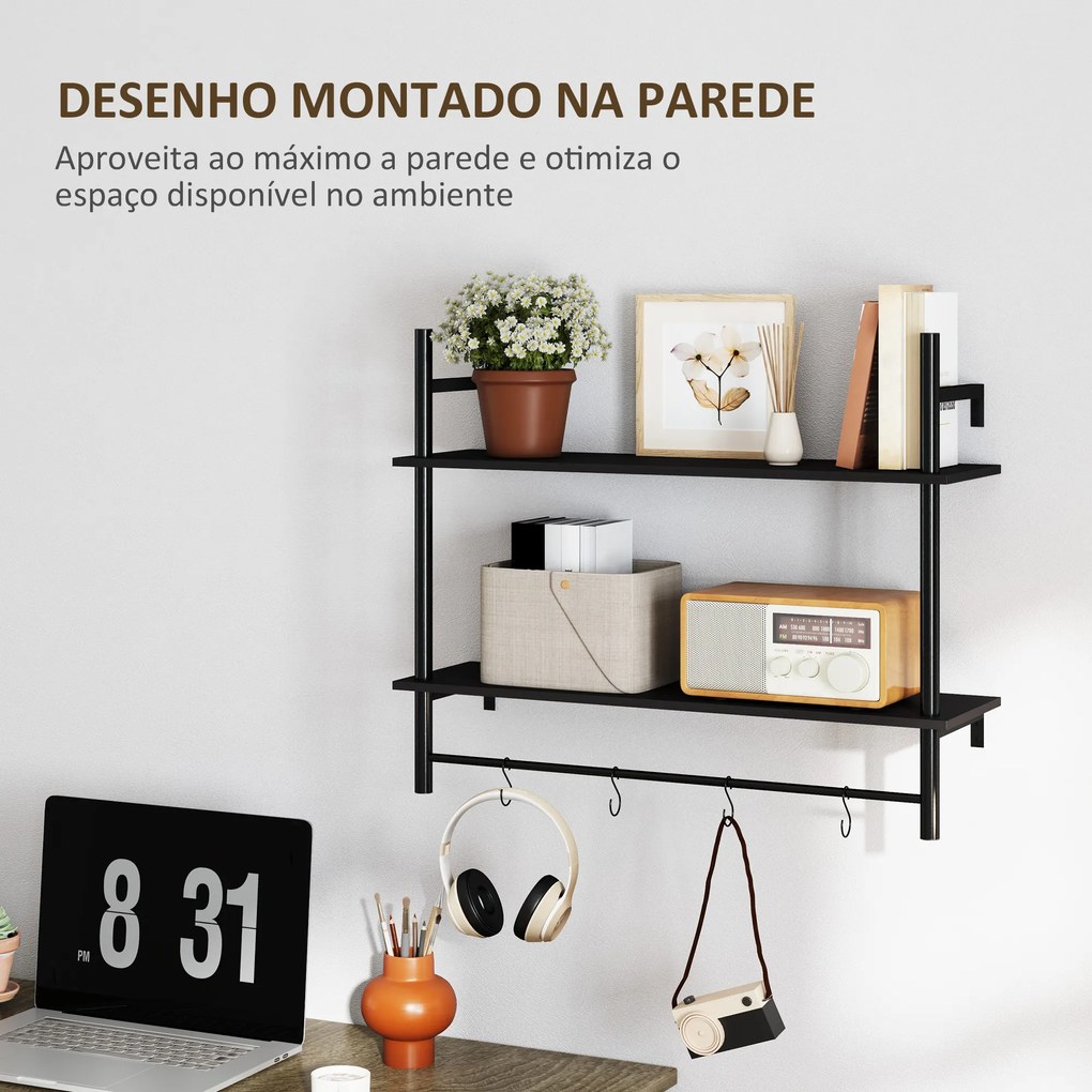 Estante de Parede de 2 Níveis Estante Suspensa com 4 Ganchos 2 Prateleiras e Estrutura de Metal 80x24x65 cm Preto