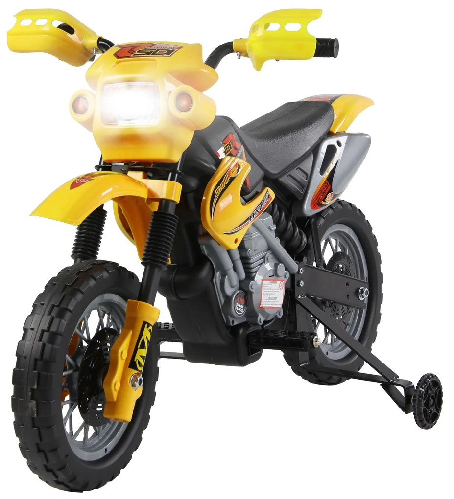 HOMCOM Moto Elettrica para Crianças 3 Anos e Mais Moto Cross com Rodas Auxiliares Bateria 6V Velocidade 2,5Km/h 102x53x66 cm Amarelo | Aosom Portugal