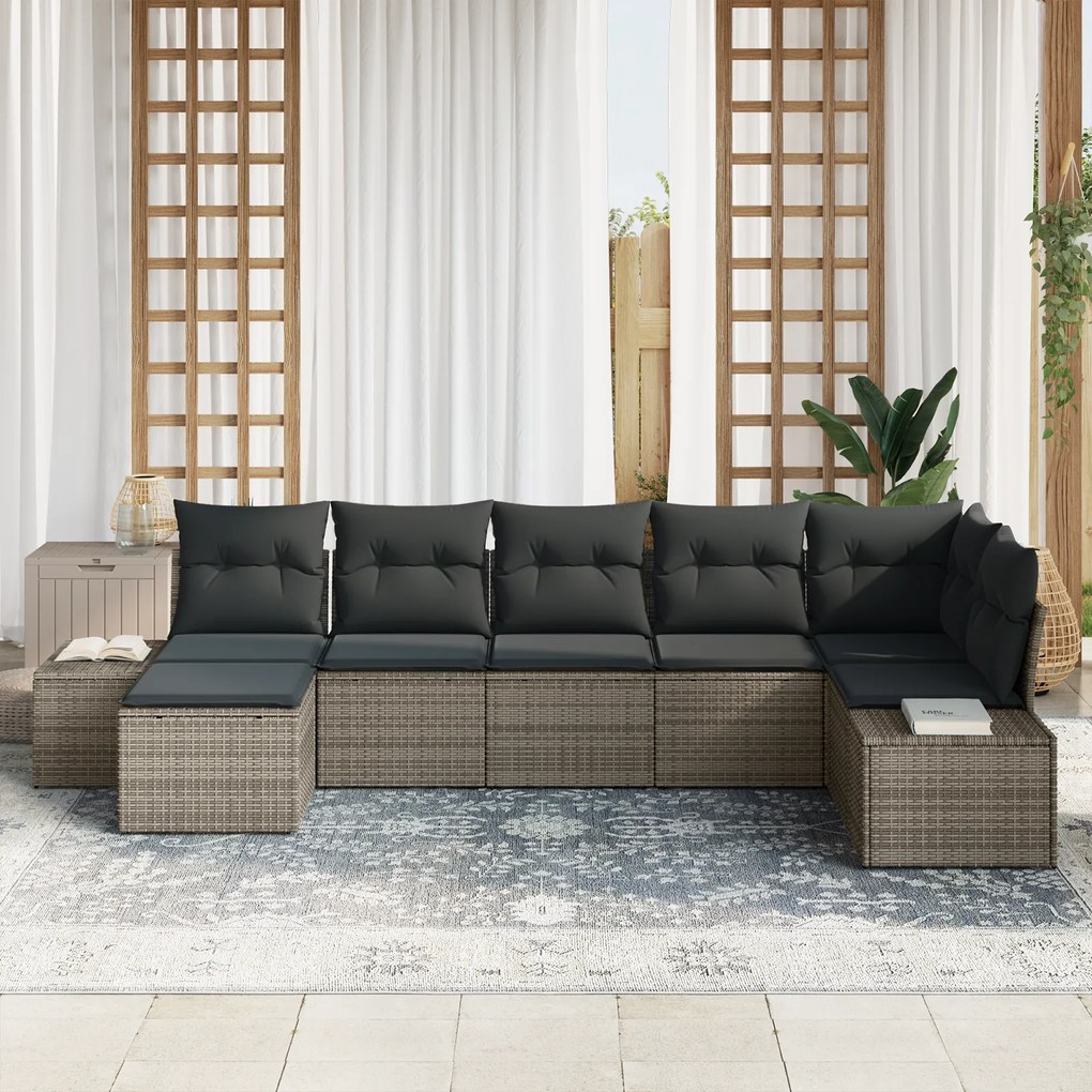 Conjunto de Sofá de 7 Peças com Almofadas Cinzento Rattan Poliéster