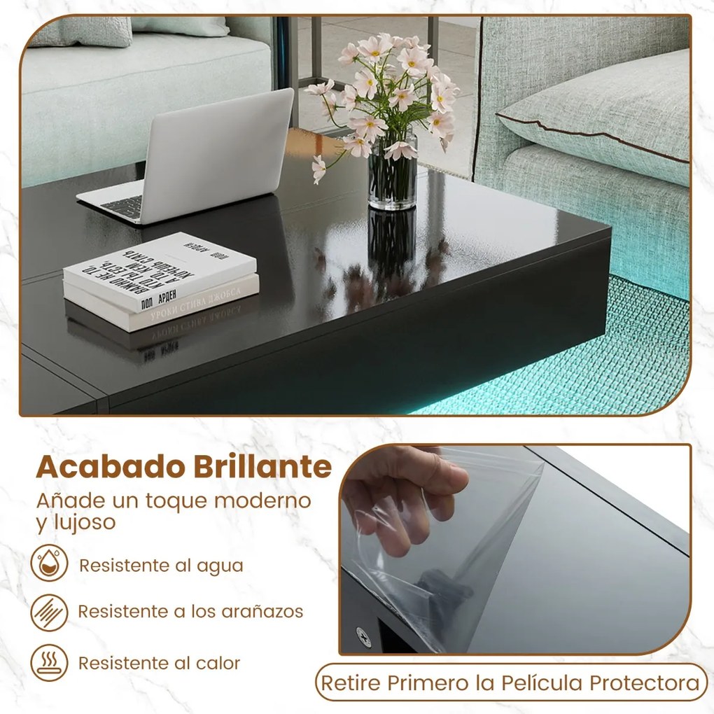 Mesa de centro 120 x 70 x 35 cm moderna com LED com 3 gavetas de arrumação, para sala de estar Preta