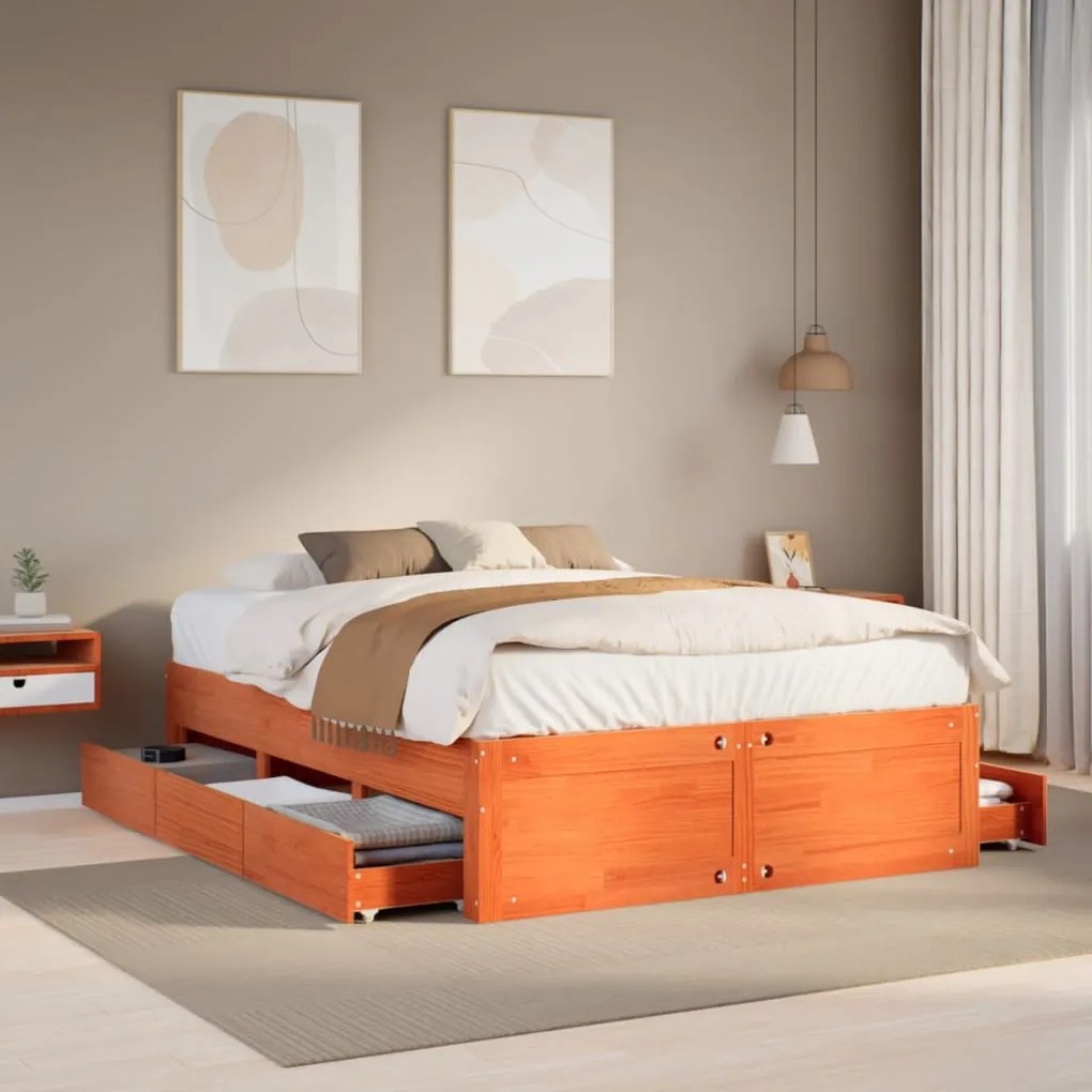 Cama sem colchão com gavetas madeira pinho maciça castanho-mel