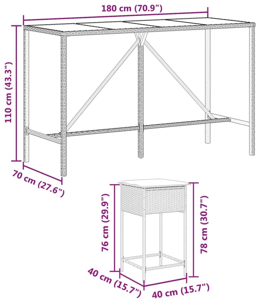 7 pcs conjunto de bar p/ jardim c/ almofadões vime PE cinzento