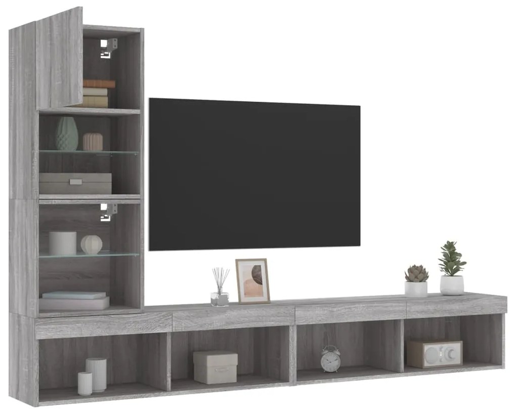 vidaXL 4 pcs móveis parede p/ TV c/ LEDs deriv. madeira cinza sonoma