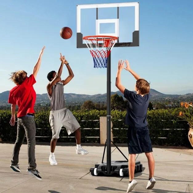 Cesto de basquetebol infantil portátil de 100-212 cm com tabela de PC inquebrável, base enchível e rodas Preto e branco