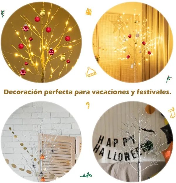 Árvore de Natal artificial de 180 cm com ramos de bétula e 96 luzes LED Mini Árvore decorativa branca