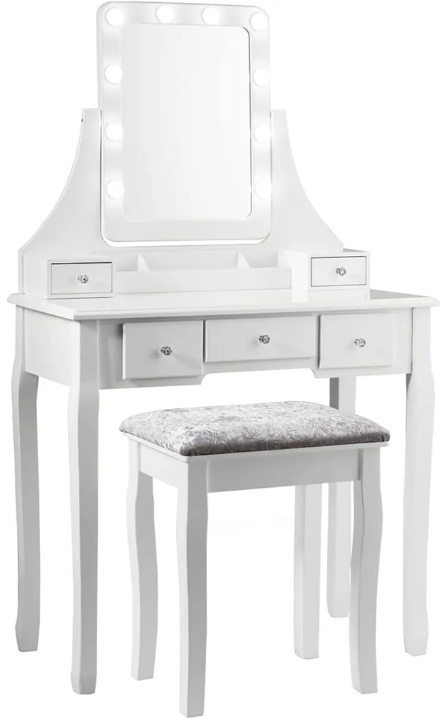 Toucador de madeira e banco com espelho giratório, luzes ajustáveis, 5 gavetas, caixa de armazenamento para quarto, closet branco