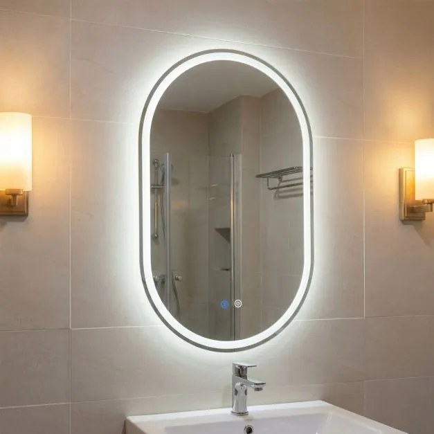 Espelho 80x50 cm ovalado iluminado de parede para casa de banho sem moldura LED traseiro 3 modos de cor ajustável antiembaciamento vidro temperado HD