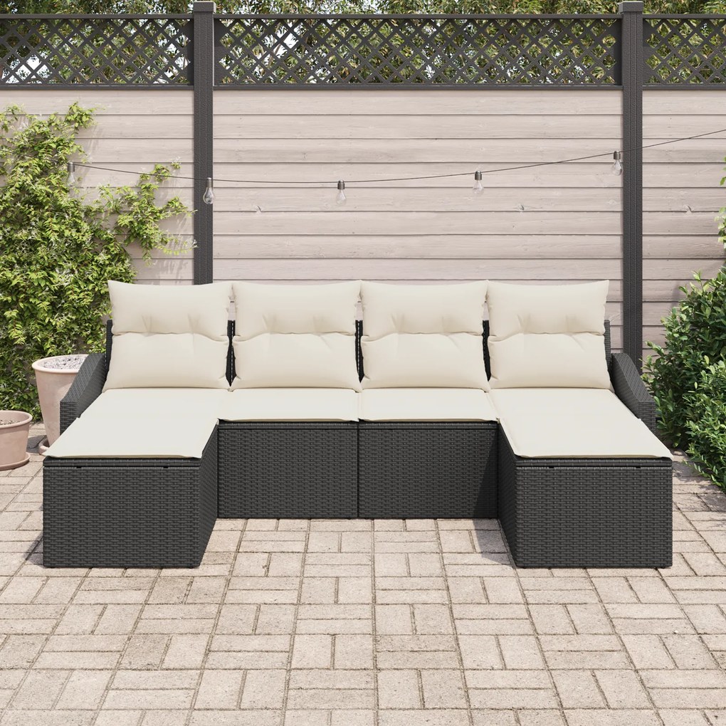 Conjunto de Jantar de Jardim de 6 Peças com Almofadas Preto Rattan Sin
