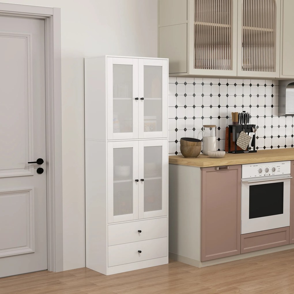 Armário de Cozinha Alto Móvel Auxiliar de Cozinha com 4 Portas de Vidro 2 Gavetas Prateleiras Ajustáveis 59x30x170 cm, Branco