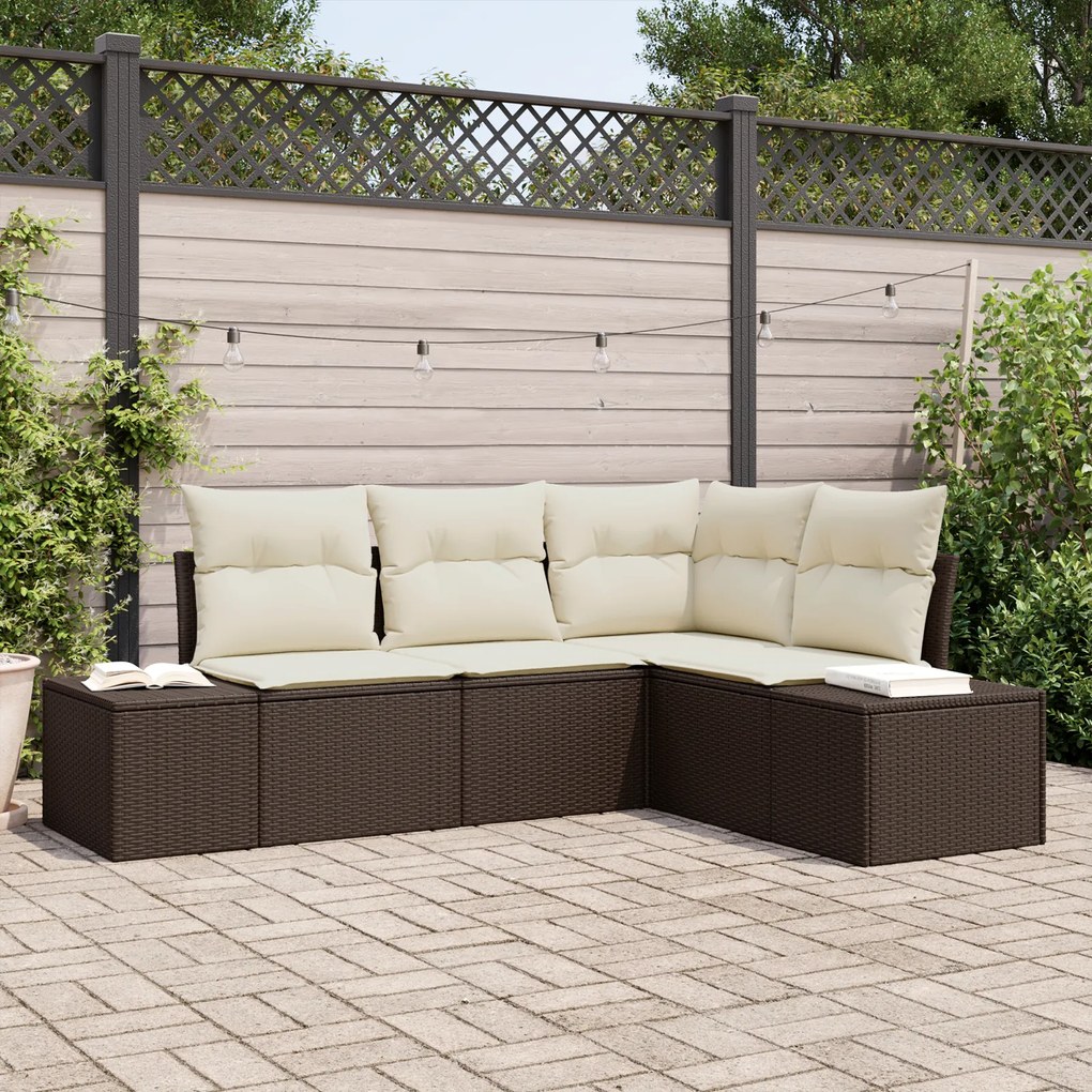 Conjunto de Sofá de 4 Peças com Almofadas Castanho Polirattan