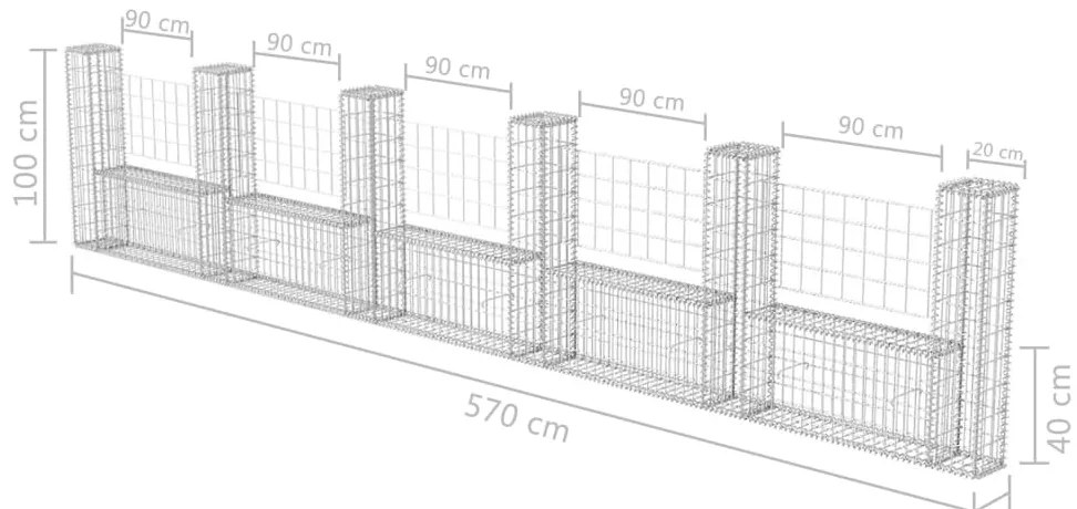 Cesto gabião em forma de U aço galvanizado 570x20x100 cm