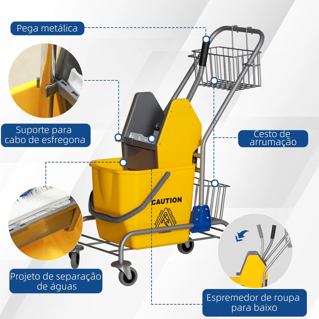 Carro de Limpeza Balde para Esfregona com Escorredor a Pressão Rodas e Cesto de Armazenamento Capacidade 26L 73x45x95 cm Amarelo