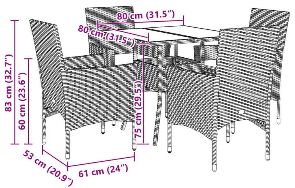 5pcs conjunto jantar jardim c/almofadões vime PE/vidro castanho