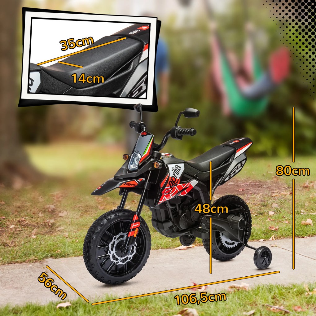 Mota Elétrica Infantil Aprilia 12V Rodas de Apoio Farol Música Porta USB Amortecedor Vermelho