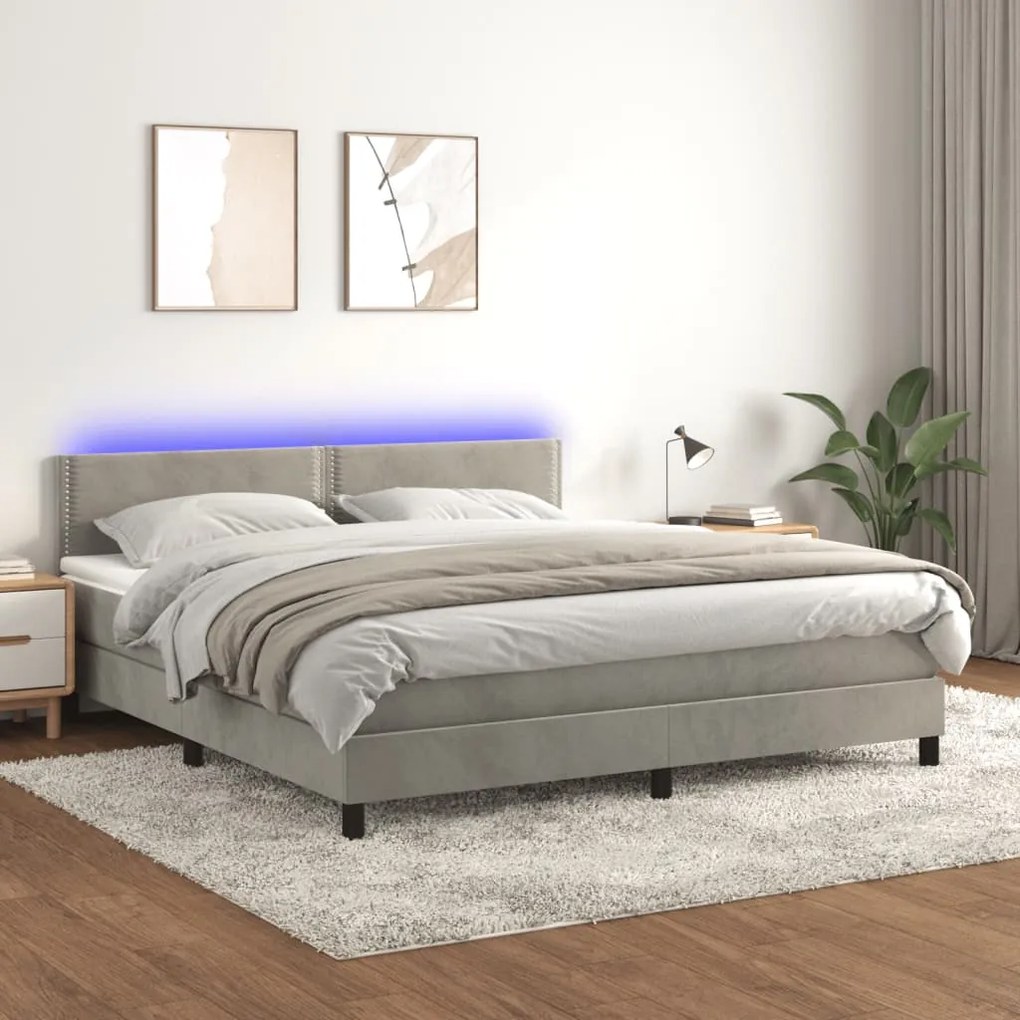 Cama box spring c/ colchão/LED 180x200 cm veludo cinzento-claro