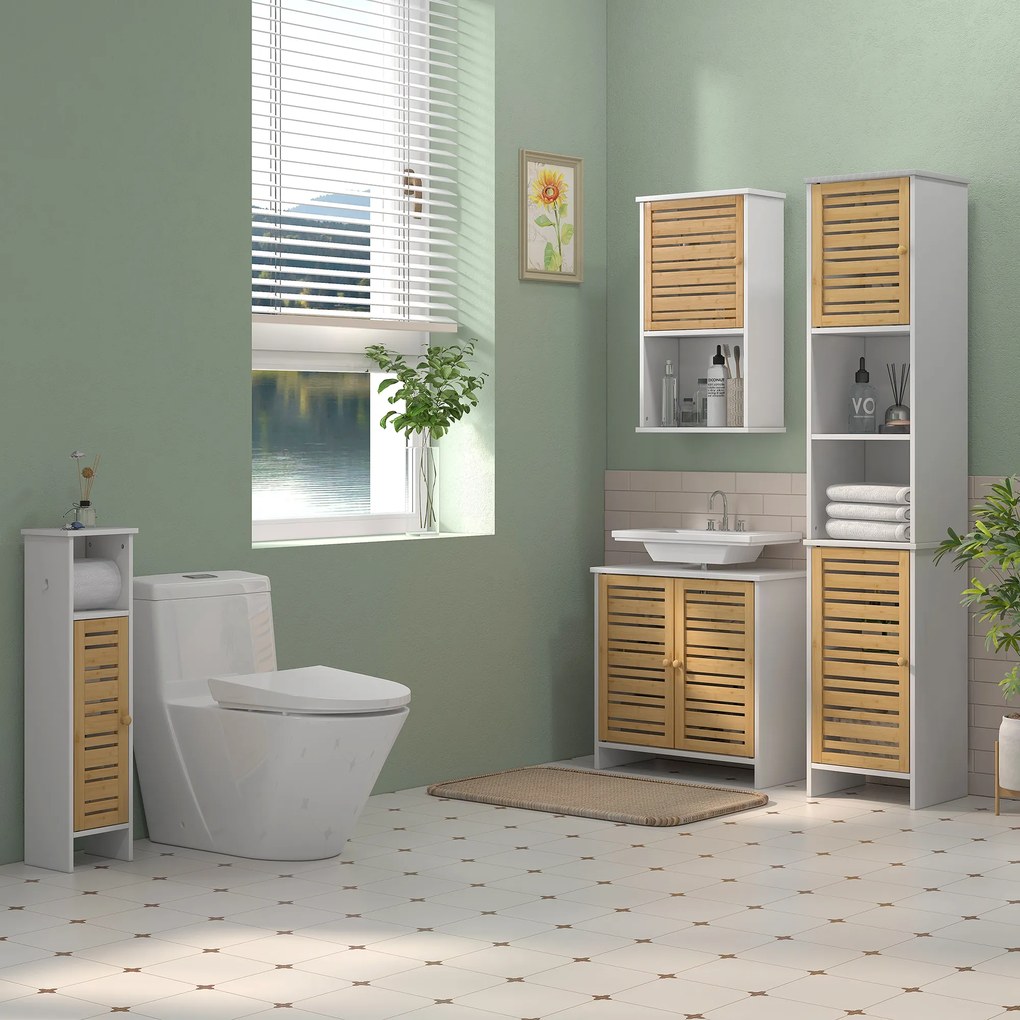Coluna Casa de Banho Móvel Auxiliar Casa de Banho com Prateleiras Ajustáveis e Portas de Bambu 35x30x170 cm Branco e Madeira