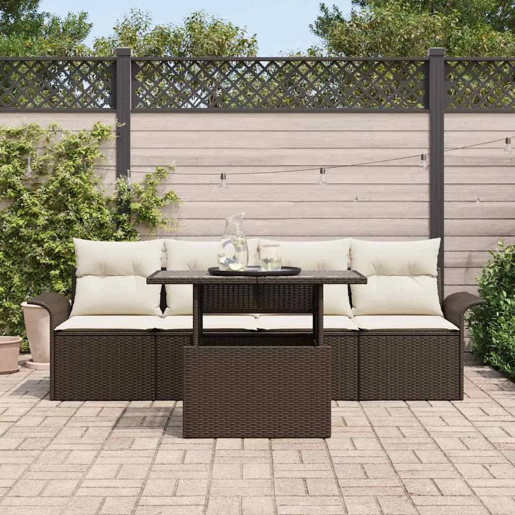 Conjunto de Sofá de Jardim de 5 Peças com Almofadas Rattan Poliéster M