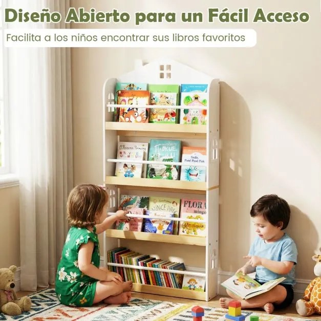 Estante infantil desenho Casa 61 x 15 x 130 cm com 4 níveis com barreiras antiqueda e barra metálica Branco e Natural
