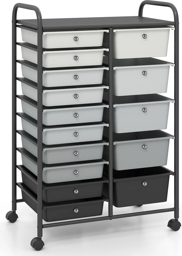 Carrinho de Armazenamento com 15 Gavetas, 63 x 38 x 96 cm, Rodas com Travão, Preto
