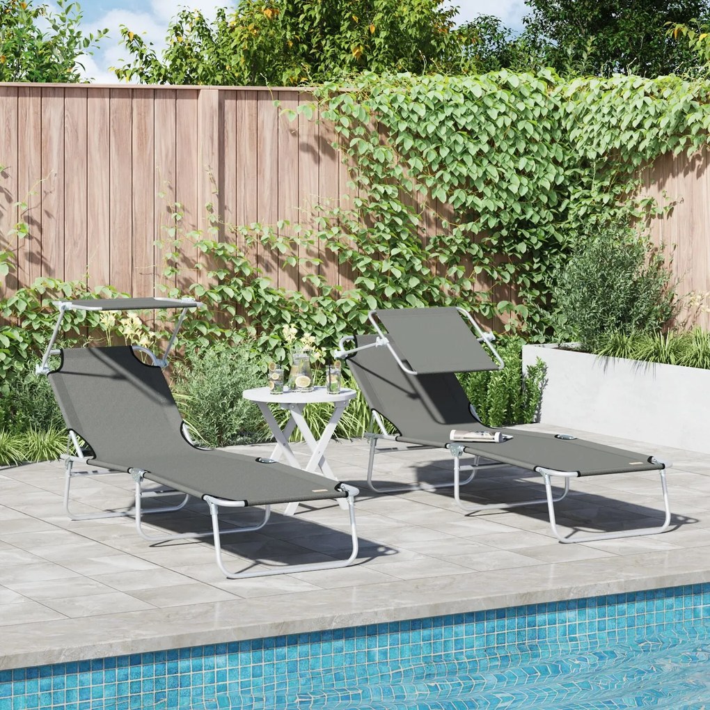 Espreguiçadeiras dobráveis 2 pcs com toldo em tecido Oxford cinza 600D