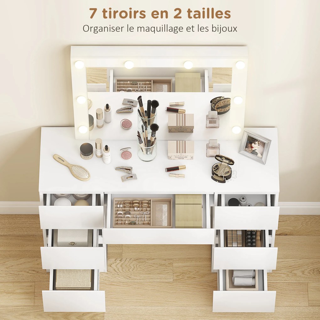 Conjunto de Toucador com Espelho e Banco, 110 x 39,5 x 140 cm, Espelho LED Ajustável, Branco