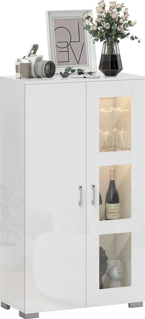 Aparador com LED RGB de 16 cores e comando à distância, acabamento de alto brilho, portas envidraçadas, prateleiras de vidro, 71 x 35 x 126 cm, branco