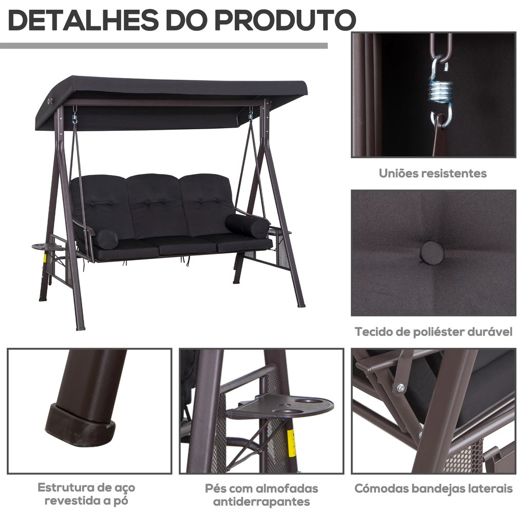 Banco Baloiço de Jardim de 3 Lugares com Teto 2 Almofadas Suporte para Bebidas 206x116x183 cm Preto