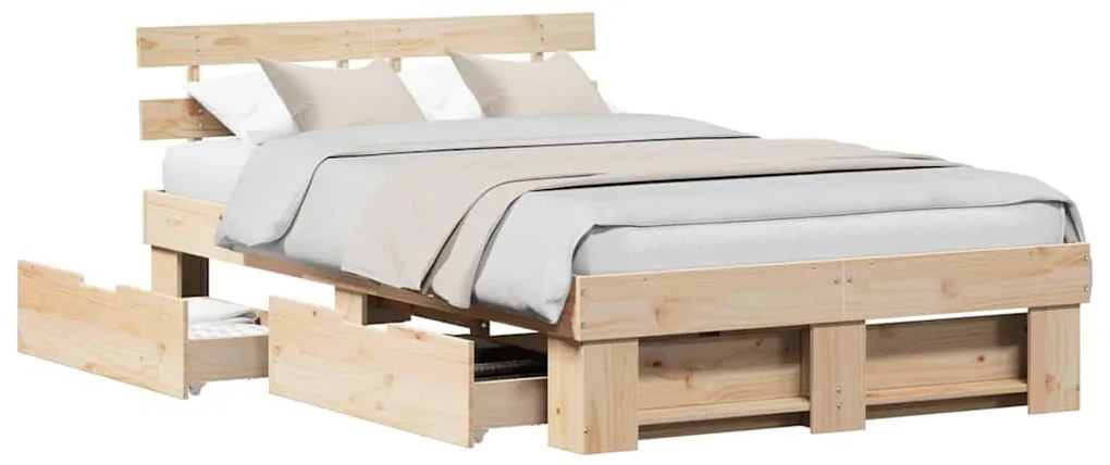 Cama com Gavetas - 135 x 190 cm - Madeira de Pinho Sólido